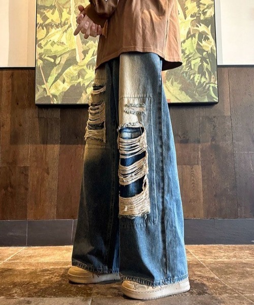 「FreeZone」 ダメージ加工デニムパンツ M ブルー メンズ