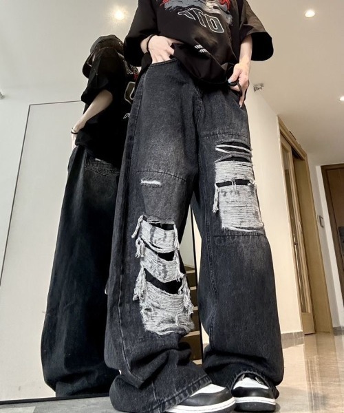 「FreeZone」 ダメージ加工デニムパンツ M ブルー メンズ