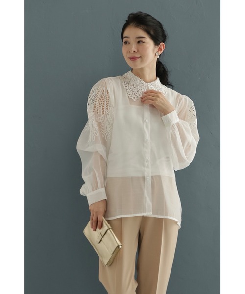 cawaii ブラウス シャツ パール艶めくレース襟のシアーシャツトップス