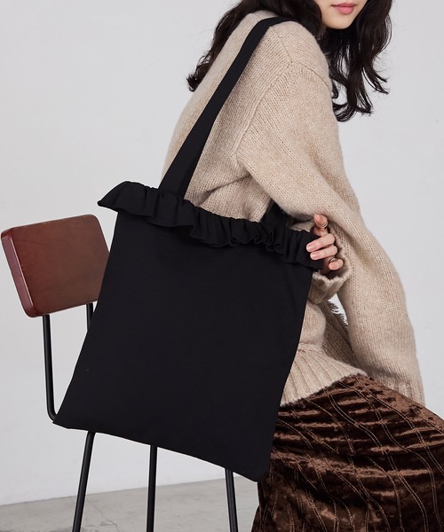 フリー出品　フリルが主役のフラップファスナー付トート　ミストラベンダー フリー出品 フリルが主役のフラップファスナー付トート ミスト