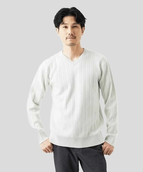 MKオム（MK homme）/【Vネック/洗濯機で洗える】ランダムタック ストライプニット MK MICHEL KLEIN HOMME セーター ニット 「Vネック/洗濯機で洗える
