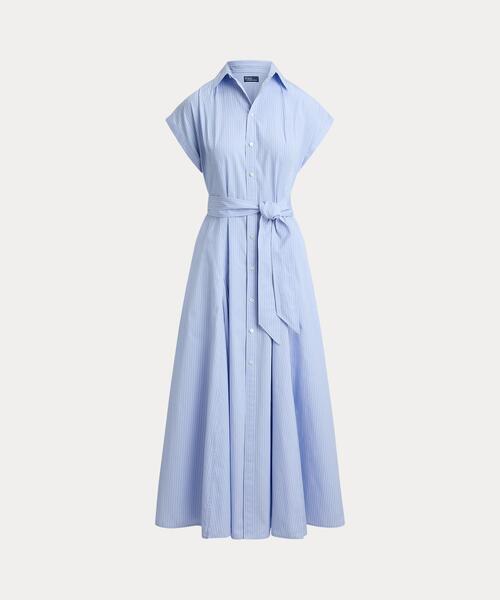 シャツワンピース ストライプド ベルテッド コットン シャツドレスの画像