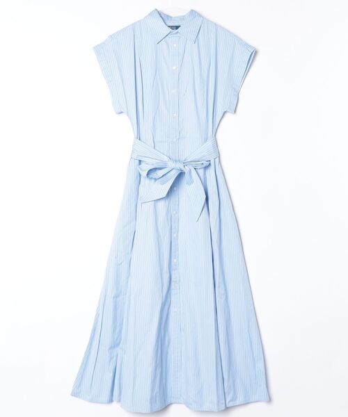 シャツワンピース ストライプド ベルテッド コットン シャツドレスの画像