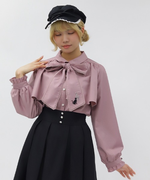 axes femme POETIQUE ブラウス シャツ ネコ×音符刺繍ブラウス