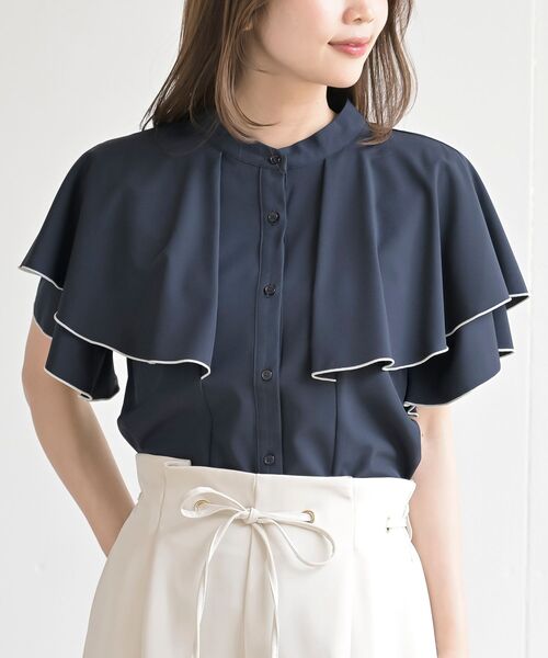 美品✨ビアズリー ケープ ブラウス バンドカラー ブラウス ネイビー r・p・s（アールピーエス） ブラウス シャツ バンドカラー配色ケープ