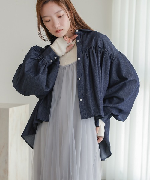 BAB ブラウス シャツ パールボタンデニムギャザーブラウス