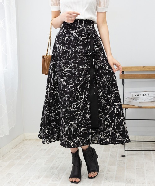 スカート サイドスリットリボン付き 花柄 ロングスカート レディース 