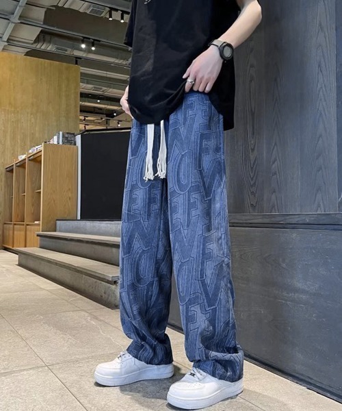 AsaAura スラックス ロゴパンツ メンズ ワイドパンツ 韓国風