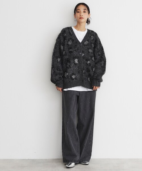 THE SHOP TK カーディガン 起毛ヒョウ柄Vネックカーディガン