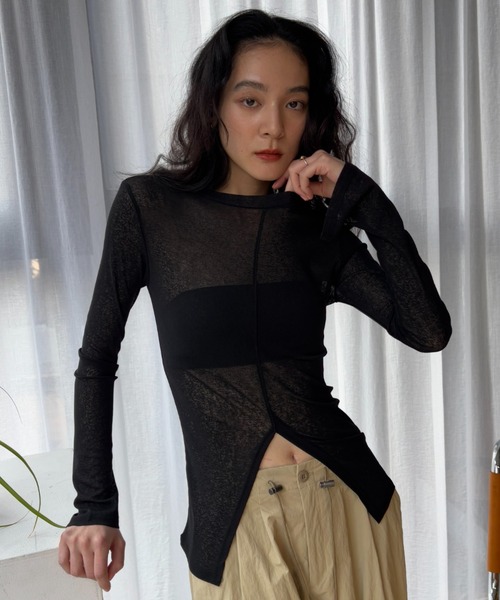 tシャツ ロングスリーブスタッズトップス レディース FUULLY STUDIO tシャツ シアースリットロングスリーブトップス