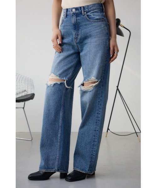 青 ワイドレッグ デニムパンツ　moussy ワイドパンツ　新品未使用 アズールバイマウジー AZUL BY MOUSSY サスツキデニムワイド