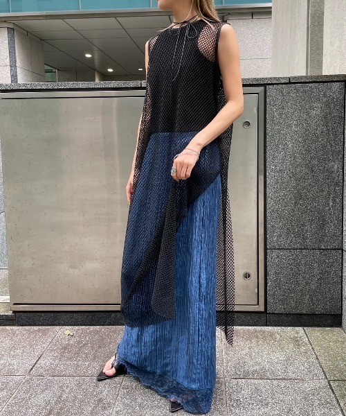  jeans スリット　ワンピース AIC. ワンピース ディープスリットメッシュロングワンピース