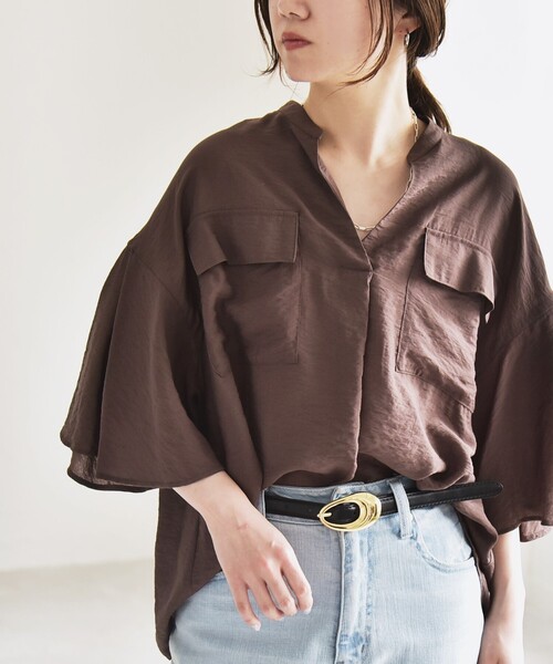 ブラウス シャツ quaranciel:「手洗い可能」フレア ハーフスリーブ バンドカラー スキッパー シャツ レディース
