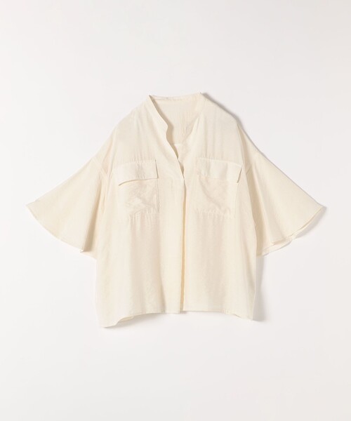 ブラウス シャツ quaranciel:「手洗い可能」フレア ハーフスリーブ バンドカラー スキッパー シャツ レディース quaranciel:〈手洗い可能〉フレア ハーフスリーブ バンドカラー