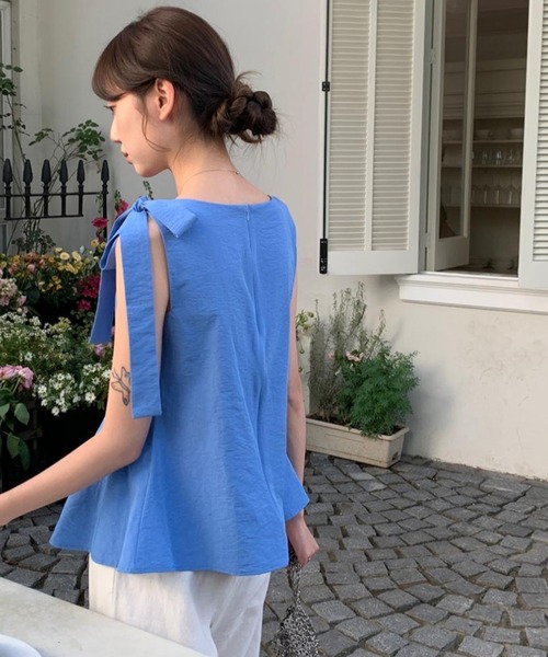 Dream garden tシャツ ノースリーブ リボン ペプラム トップス