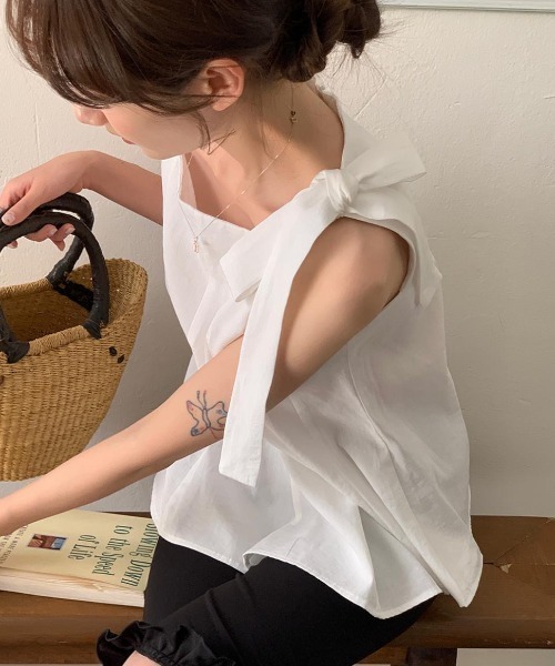 Dream garden tシャツ ノースリーブ リボン ペプラム トップス