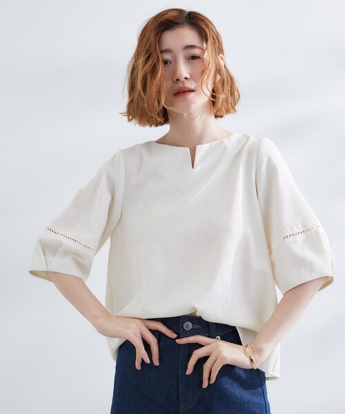 grove ブラウス シャツ お洒落に決まる 麻調袖コンシャス
