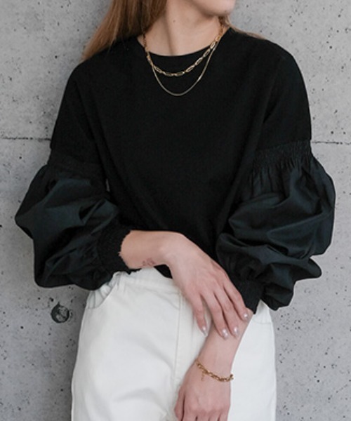 tシャツ 異素材MIXパフスリーブカットソー レディース : ZOZOTOWN 