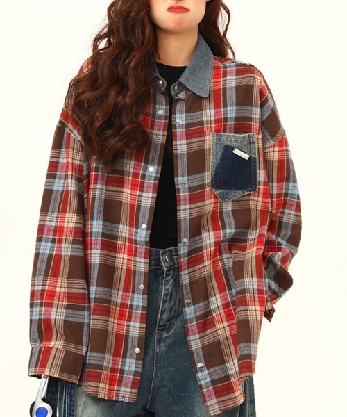 Sibra（シブラ） ブラウス シャツ デニム襟配色×パッチポケット付き