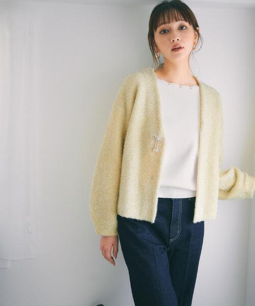 index（インデックス） カーディガン リボンブローチフィルムラメ