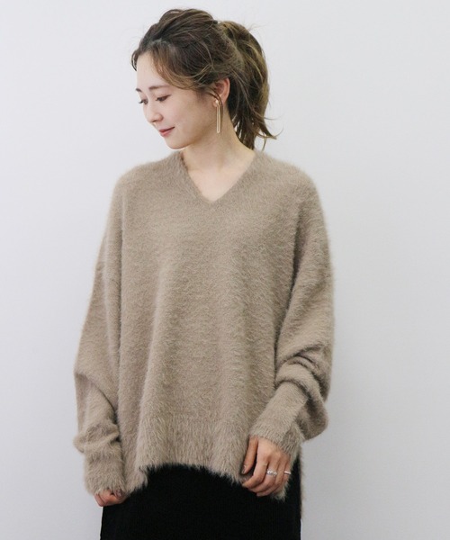 NOBLE AMERICAN DREAMS オフホワイトVネックモヘアニット S Noble（ノーブル）の「Ca/W ボリュームソデ Vプルオーバー◇（ニット