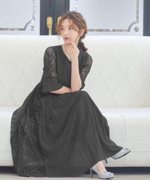 バックプリーツ&amp;レースリボンドレス niana（ニアナ） ドレス 低身長向けサイズ プリーツ×レース バック