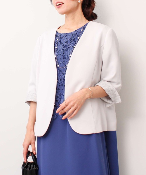 【未使用級】バーバリー シルク100％ ノーカラージャケット ネイビー L fleur by mint breeze（フルールバイミントブリーズ） ジャケット ノー