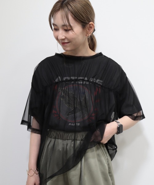 tシャツ 「MODE NORM CORE」チュールベロアルーズプルオーバー レディース AMERICAN HOLIC tシャツ ベロアクルーネックカットプルオーバー