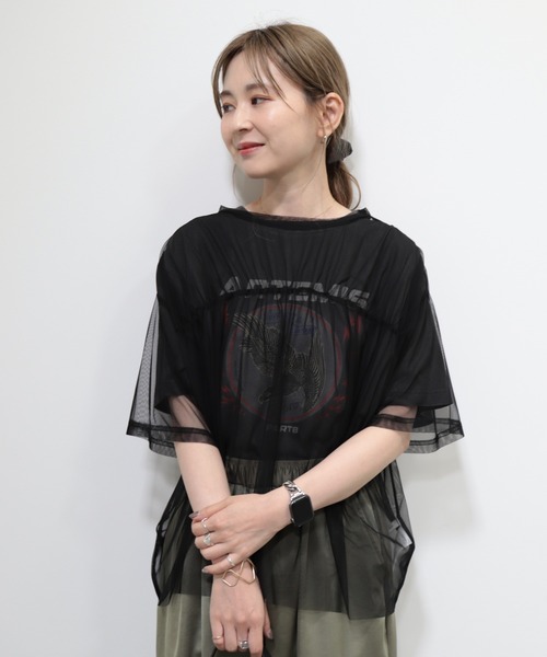 tシャツ オーバーチュールTシャツ レディース AMERICAN HOLIC tシャツ チュールオーバーサイズTシャツ