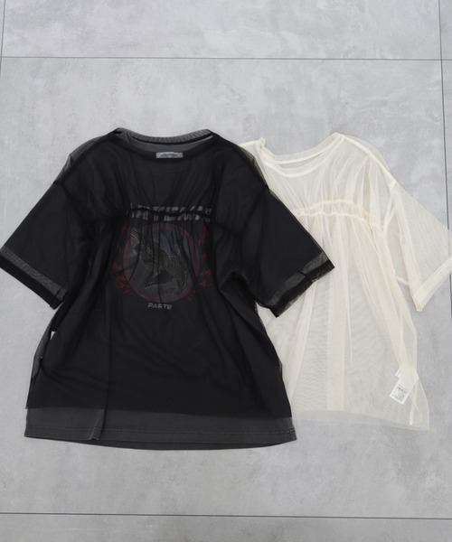 tシャツ オーバーチュールTシャツ レディース AMERICAN HOLIC tシャツ チュールオーバーサイズTシャツ