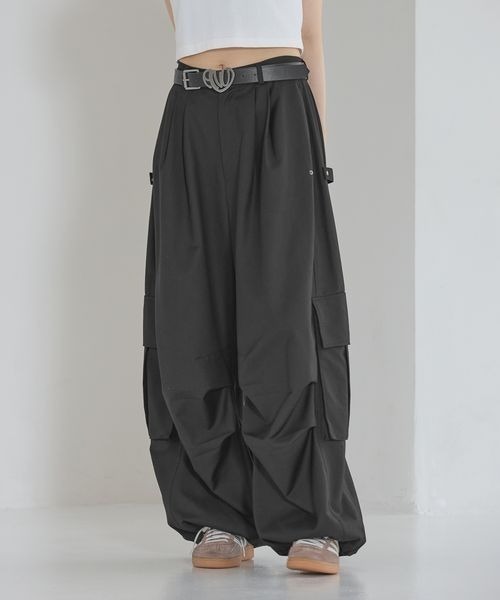 Anui タックパラシュートパンツ 黒 Rサイズ Anui カーゴパンツ 「UNISEX/3サイズ展開」TRタックパラシュート