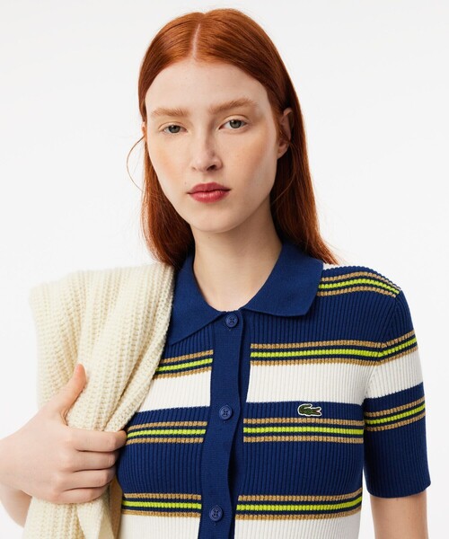 LACOSTE ストライプ ポロワンピース36 LACOSTE ワンピース ポロカラーリブニットボーダーシャツドレス
