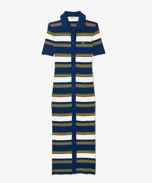 LACOSTE ワンピース ポロカラーリブニットボーダーシャツドレス