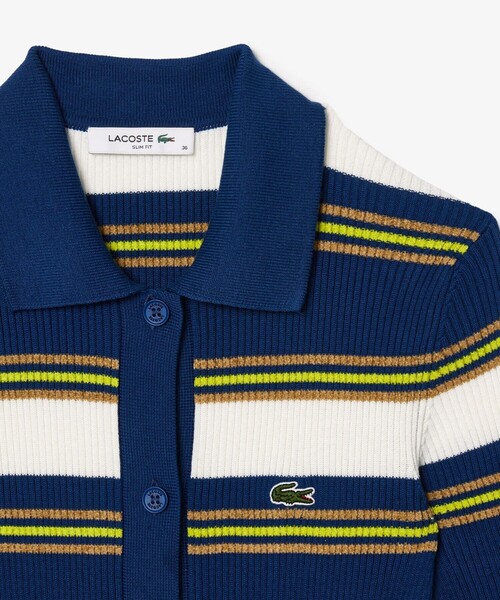 LACOSTE ワンピース ポロカラーリブニットボーダーシャツドレス