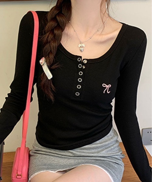tシャツ リボン 刺繍 ヘンリーネック ロング Tシャツ レディース