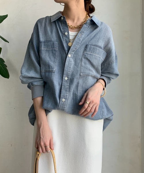 DOUDOU シアーデニムシャツ サックスブルー 新品 DouDou ブラウス シャツ 袖リブシアーデニムシャツ レディース