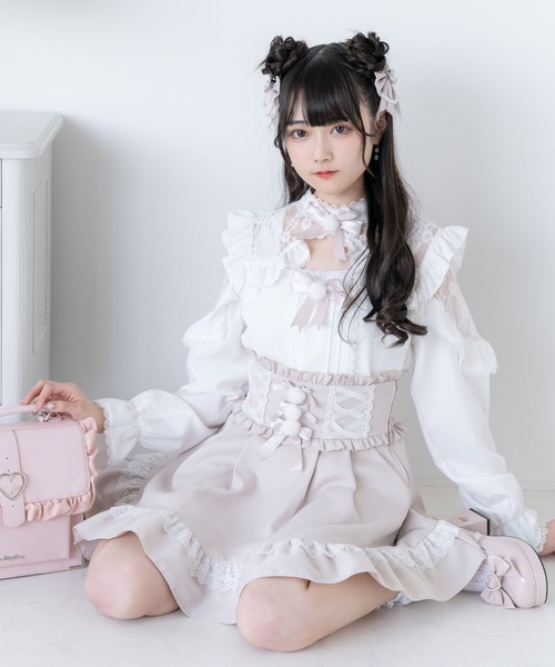 DearMyLove スカート レースアップポンポンリボンフレアスカート