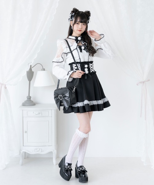 DearMyLove スカート レースアップポンポンリボンフレアスカート