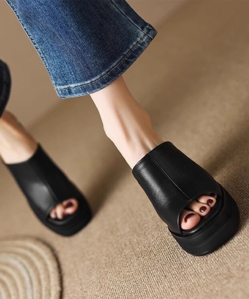 Lace Ladies サンダル レザー調 オープントゥ プラットフォーム