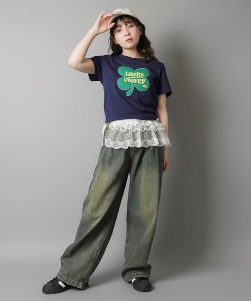 S～M相当 デニムスカート レース フリル ラップ巻き 秋 新品 0427436 SOMETHING [サムシング] 別注 ラップスカート付き フレアデニム
