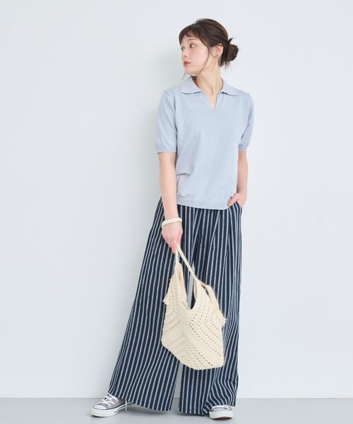 パンツ 「S/M/Lサイズ」「White/Navy」麻混ストライプギャザーパンツ
