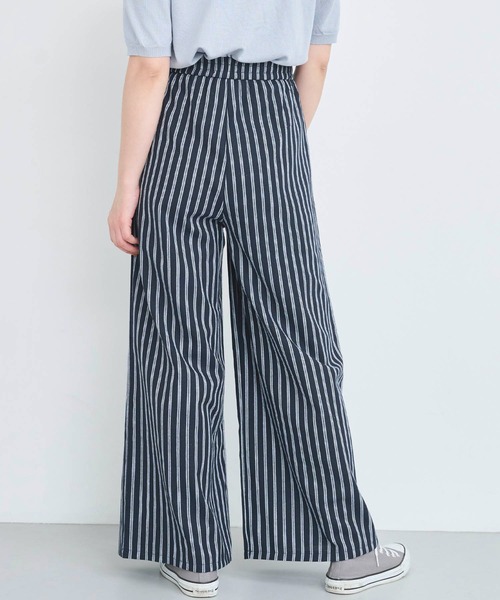 パンツ 「S/M/Lサイズ」「White/Navy」麻混ストライプギャザーパンツ