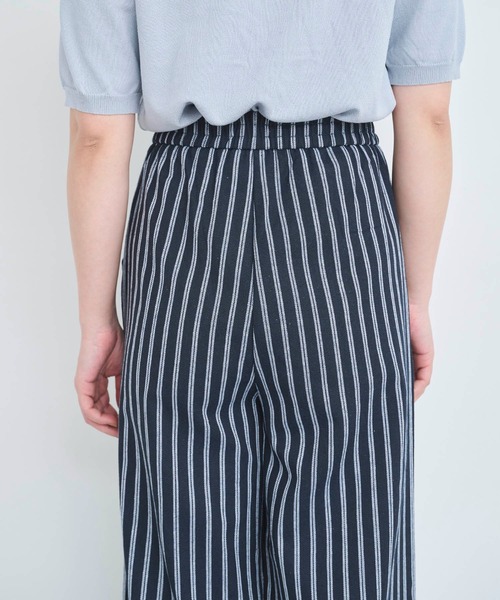 パンツ 「S/M/Lサイズ」「White/Navy」麻混ストライプギャザーパンツ