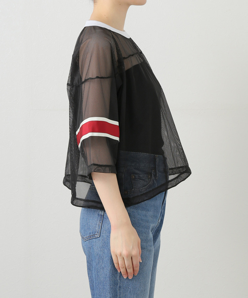 ジョンメイソンスミス ジェーンスミス 25SS POLYESTER MESH FOOTBALL SHIRT カットソー メッシュ 38 黒 赤 白 /MI ■OS レディース JOHN MASON SMITH / JANE SMITH】ポリエステルメッシュ