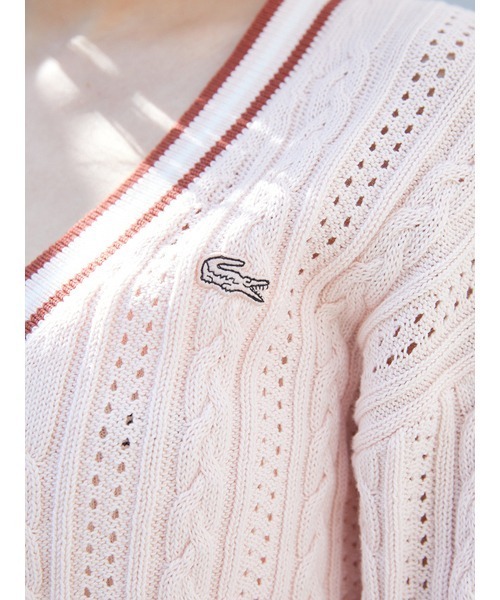 カーディガン LACOSTE/ニットカーディガン レディース LACOSTE カーディガン 編地切替え アシンメトリーVネック