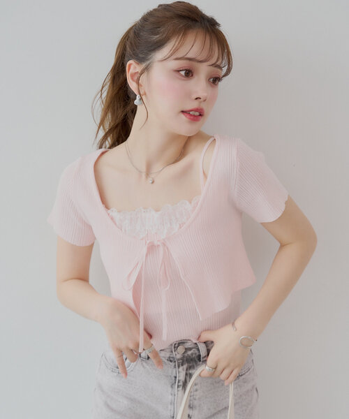 Chico カーディガン 「5色展開」ショートカーディガン+レース