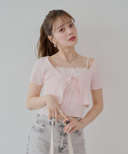 Chico カーディガン 「5色展開」ショートカーディガン+レース
