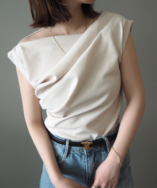 tシャツ asymmetry shoulder drape tops /アシンメトリーショルダータックドレープトップス レディース