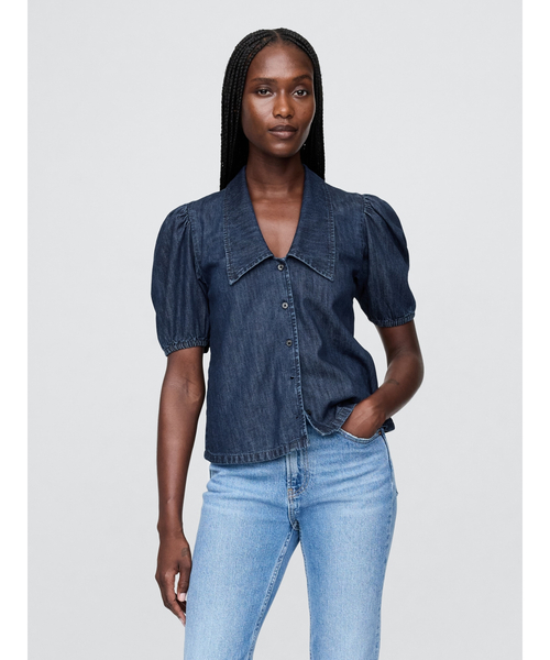 GAP ブラウス シャツ デニム パフスリーブ カラーシャツ