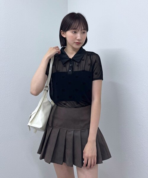 tシャツ 「mline」プリント チュールポロT レディース M-LINE tシャツ 「mline」プリント チュールポロT レディース